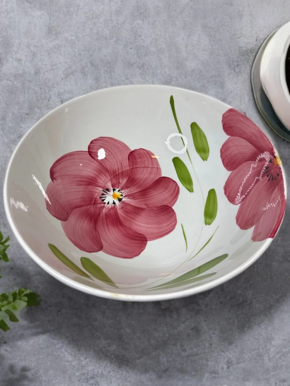 Vintage Large Hand-Painted Floral Serving Bowl 13 wide 5” tall